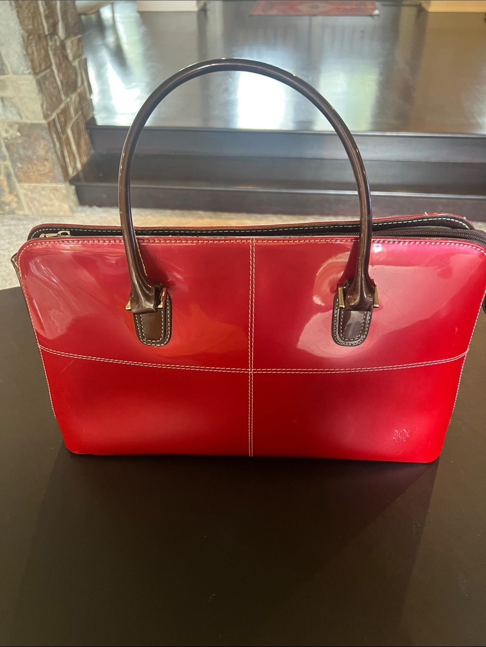 JuJu Red Patent Satchel with Dark Brown Handles
